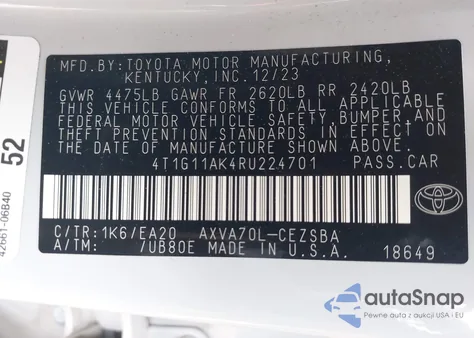 2024 Toyota Camry Se из США, поврежденный, VIN 4T1G11AK4RU224701